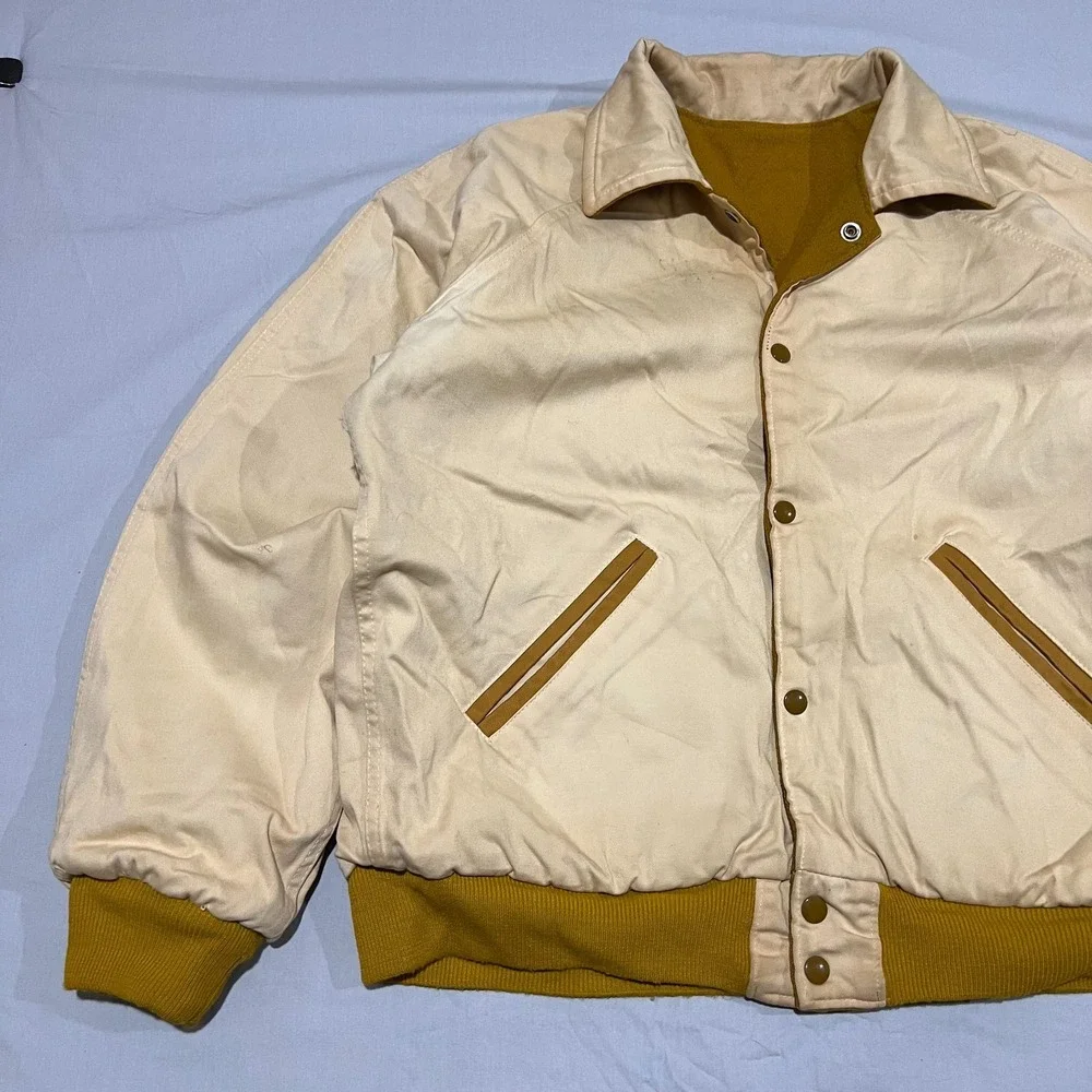 VTG 60s Mens Camel & Cream Two Tone Speedline Reversible Stadium Bomber Jacket